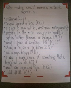 My kids' noticings about memoir from the two days we spent immersing ourselves in the genre.  