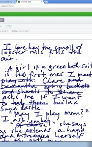 I used the "screenshare" feature in Google Hangouts to show Anna some of my writing, which I originally did on my iPad in Penultimate. (It synched to my computer so I could show it to her in Evernote.)