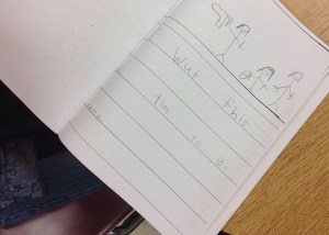 I conferred with Karena about the need to have her writing match her sketch, which needed to reflect what she said when she told her story orally.  