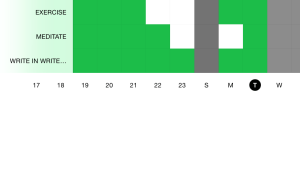 We went out of town on May 22nd. We returned home on May 25th. I got back on track by May 26th.) Green = Habit completed White = Habit skipped manually Gray = Habit neglected 