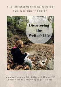 Please join us on Monday, February 8th for the Discovering the Writing Life Twitter chat. Use the hashtag #TWTBlog to join. The chat begins at 8:30 EST. We look forward to chatting with you on Monday. 