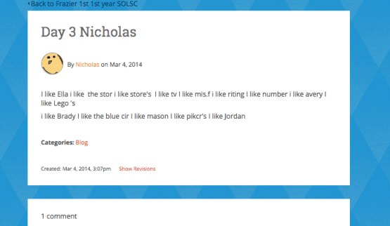 I like Ella. I like stories. I like stors. I like T.V. I like Mrs. Frazier. I like writing. I like numbers, i like Avery. I like legos. I like Brady. I like blue circles. I like Mason. I like Jordan.