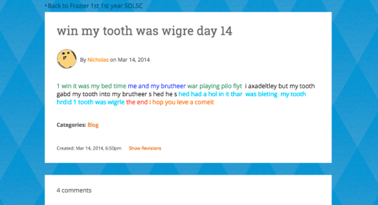 When it was my bedtime me and my brother were playing pillow fight. I accidentally bumped my tooth. Jabbed my tooth into my brothers head. His head had a hole in it. There was bleeding. My tooth hurt. One tooth was wiggly. The end. I hope you comment.
