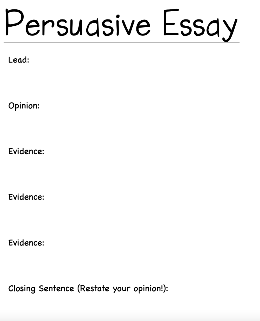 Persuasive Essay Graphic Organizer, prompting students to supply lead, opinion, evidence, evidence, evidence, and a closing sentence.