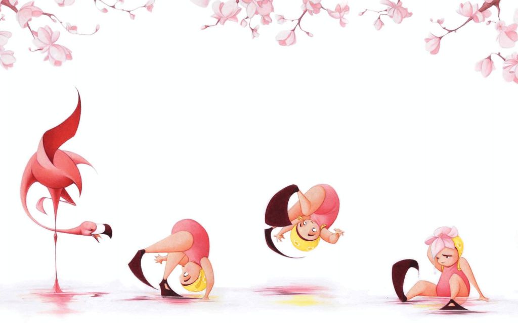 An illustration from flora and the flamingo. The flamingo squawks at Flora and she somersaults backward then falls, rubbing her head.