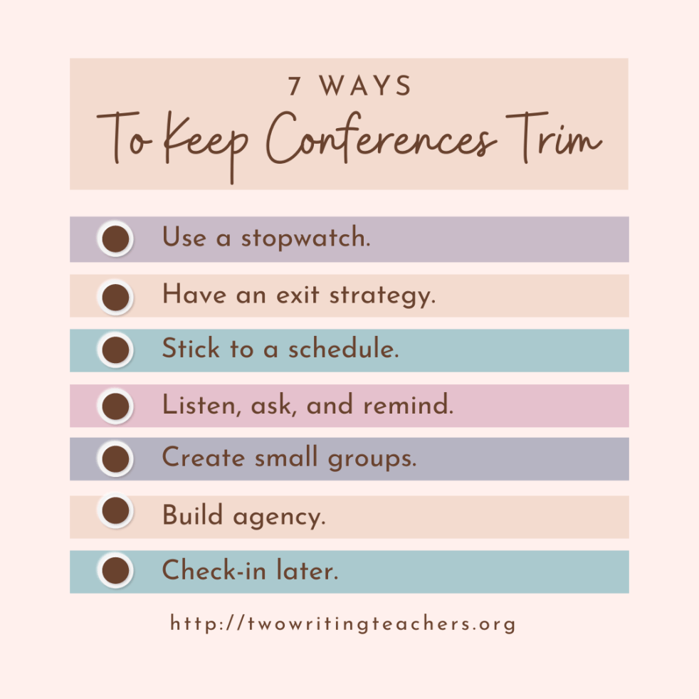 This image lists seven ways to keep conferences from going on too long. Read the post on Two Writing Teachers for a description of each of these ways.