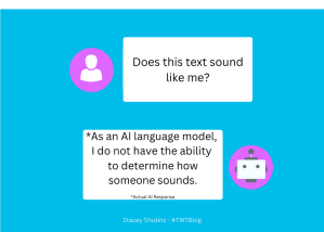 Teal background with pink circles representing a person and a chatbot. A person asks a chatbot if the text sounds like them. The chatbot responds by stating it doesn't have the ability to determine how someone sounds.