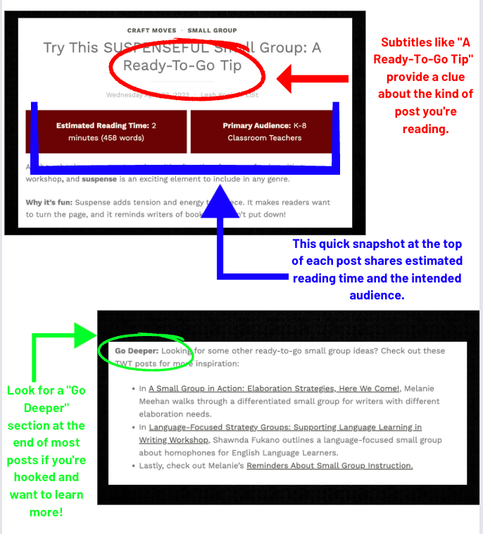 Subtitles like "a ready-to-go tip" provide a clue about the kind of post you're reading.

This quick snapshot at the top of each post shares estimated reading time and the intended audience.

Look for a "go deeper" section at the end of most posts if you're hooked and want to learn more!