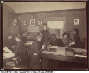 Sepia photograph from the Harvard University Archives of computers with Pickering