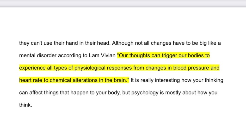 Highlighted text states: Our thoughts can trigger our bodies to experience all types of physiological responses from changes in blood pressure and heart rate to chemical alterations in the brain."