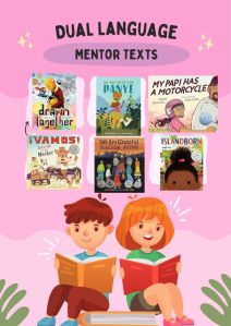 This graphic shows two children reading with the covers of the six picture books recommended in this post pictured over their heads.