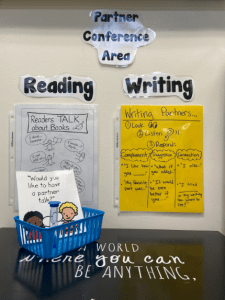 The partner conference corner includes A small table, a sand timer, anchor charts to facilitate independence, and a laminated card asking, “Would you like to have a partner chat?”