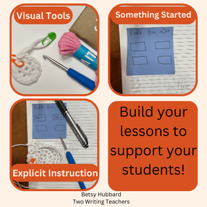 photo of crocheting, yarn, crochet hook, stitch marker; sticky note with crochet information; some completed crocheting