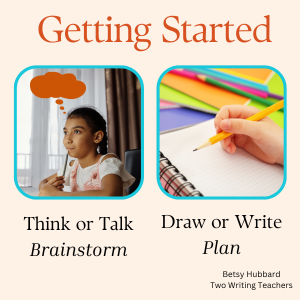 child thinking about what to write; child using pencils and notebook to start a story