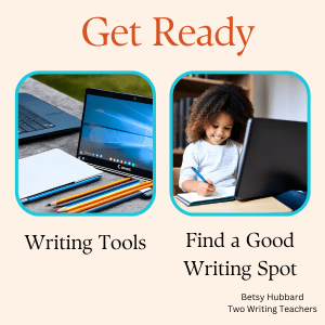 a set of writing tools including pencils, pens, notebook, and computer; a child sitting with her writing tools