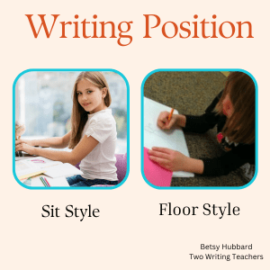 a child sitting up ready to start writing;a child laying on her stomach with writing materials on the floor