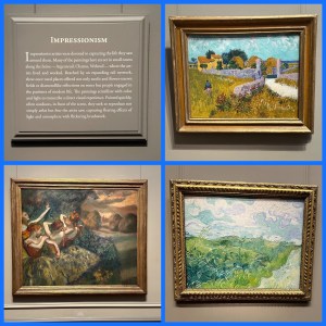 A four square collage of paintings and information from the Natoinal Gallery of Art. The top left box shares a bit about Impressionism. The other three boxes are paintings from Degas and Van Gogh.