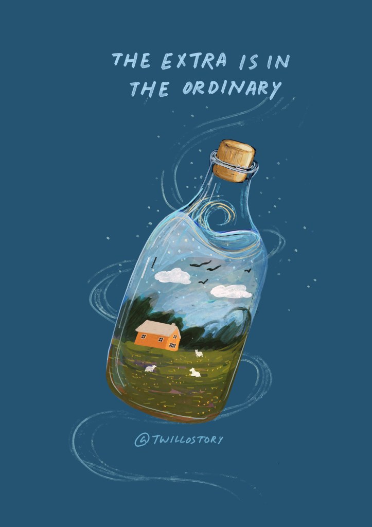 A blue background with a bottle that has a landscape painted inside the bottle. Text in image says "The extra is in the ordinary." @Twillostory