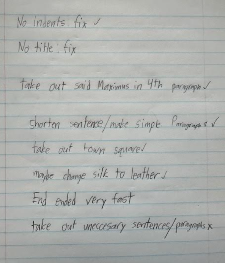 Photo of student notes in the form of a checklist