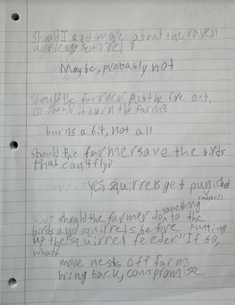 A student's hand-written questions for the group, along with notes