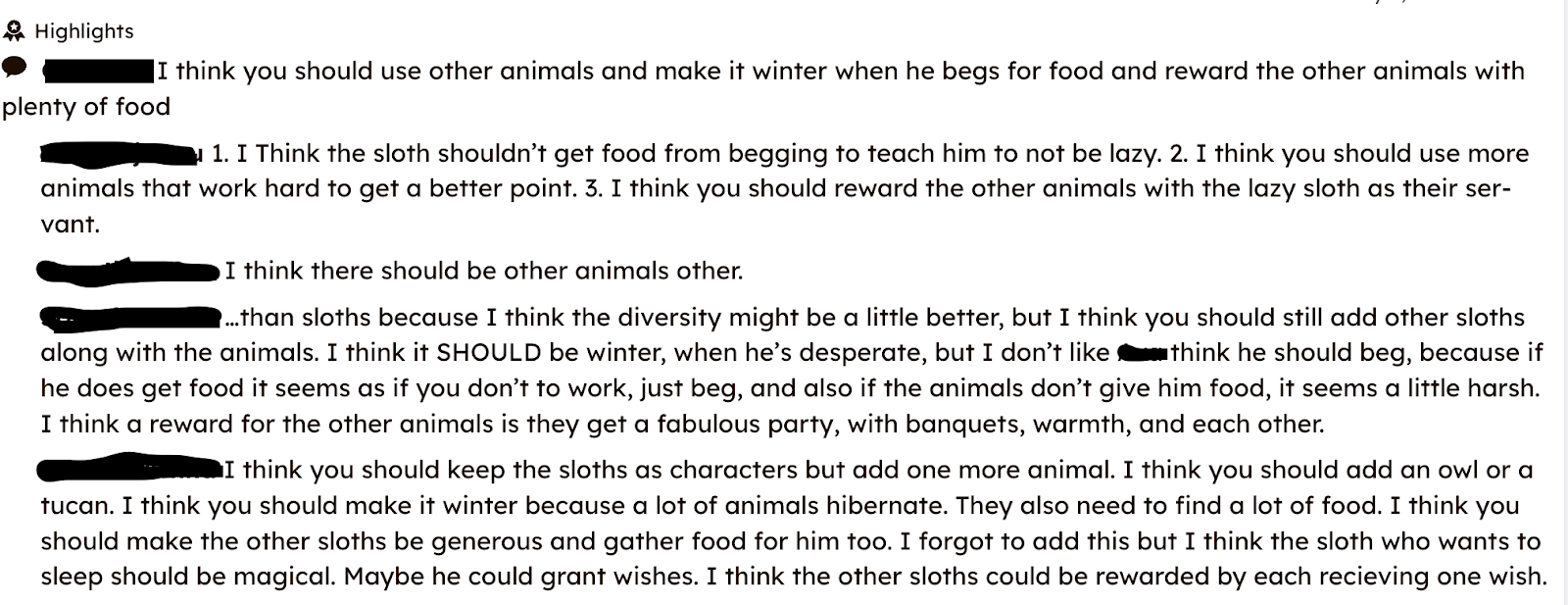 Screenshot of students' comments and ideas