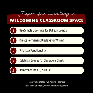 Black Background with a list of five tips for creating a welcoming classroom space. The text in the image mirrors the headings for each of the five tips in the body of the blog post.