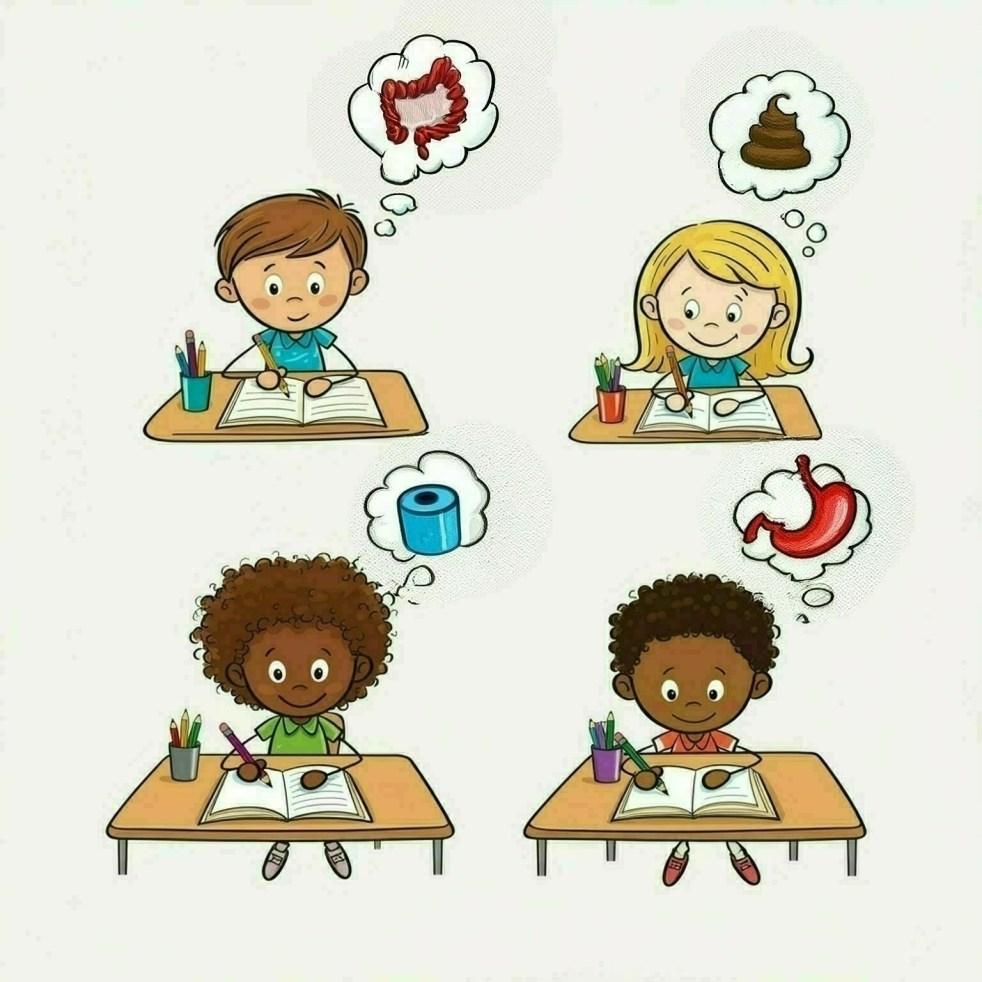 Four stick figure children sitting at desks in a classroom. Each child has a pencil and an open notebook. There is a thought bubble coming out of their heads. Each thought bubble has one of the following: toilet paper, poop, a colon, and a stomach. in each thou