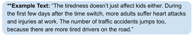 Example text: The tiredness doesn't just affect kids either. During the first few days after the time switch, more adults suffer heart attacks and injuries at work. the number of traffic accidents jumps too, becausee there are more tired drivers on the road. 
