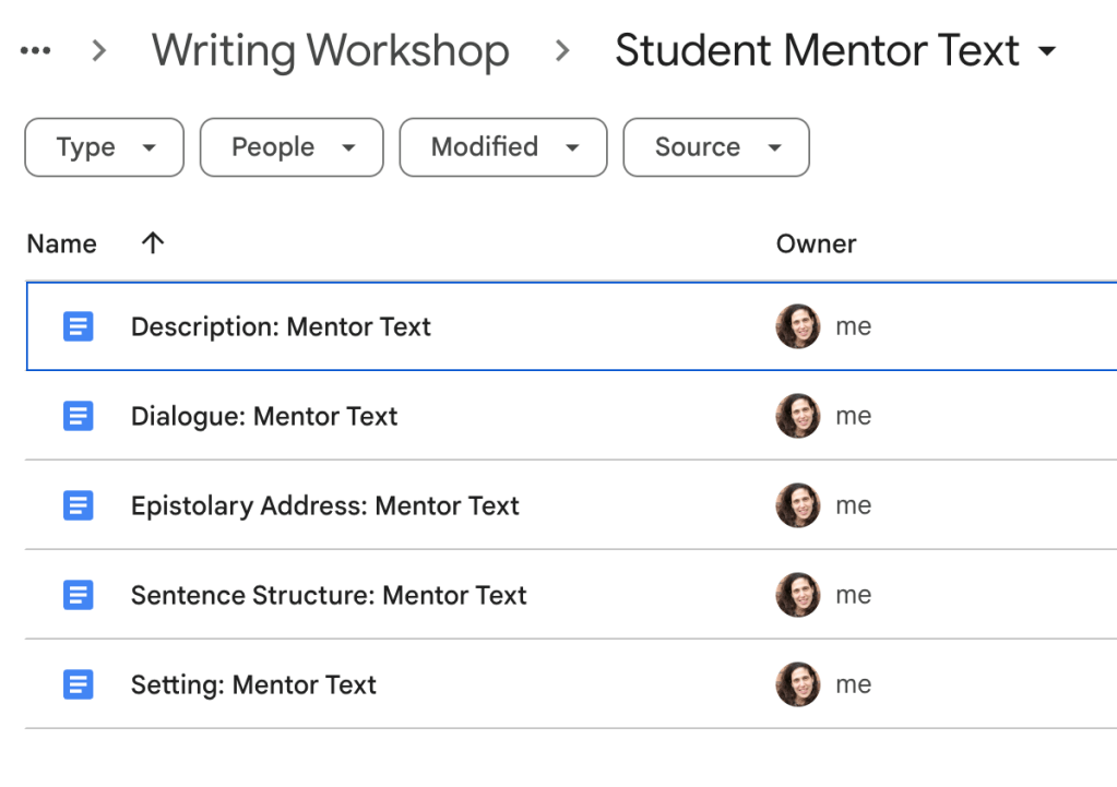 Screen shot of a Google folder organizing student mentor text