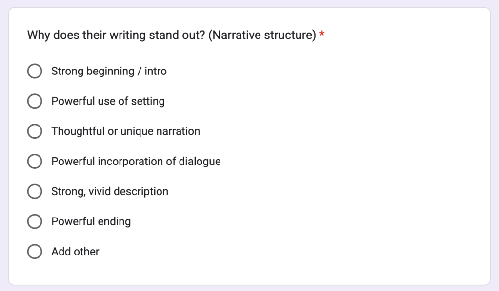 A screen shot of a section from a student mentor text nomination form
