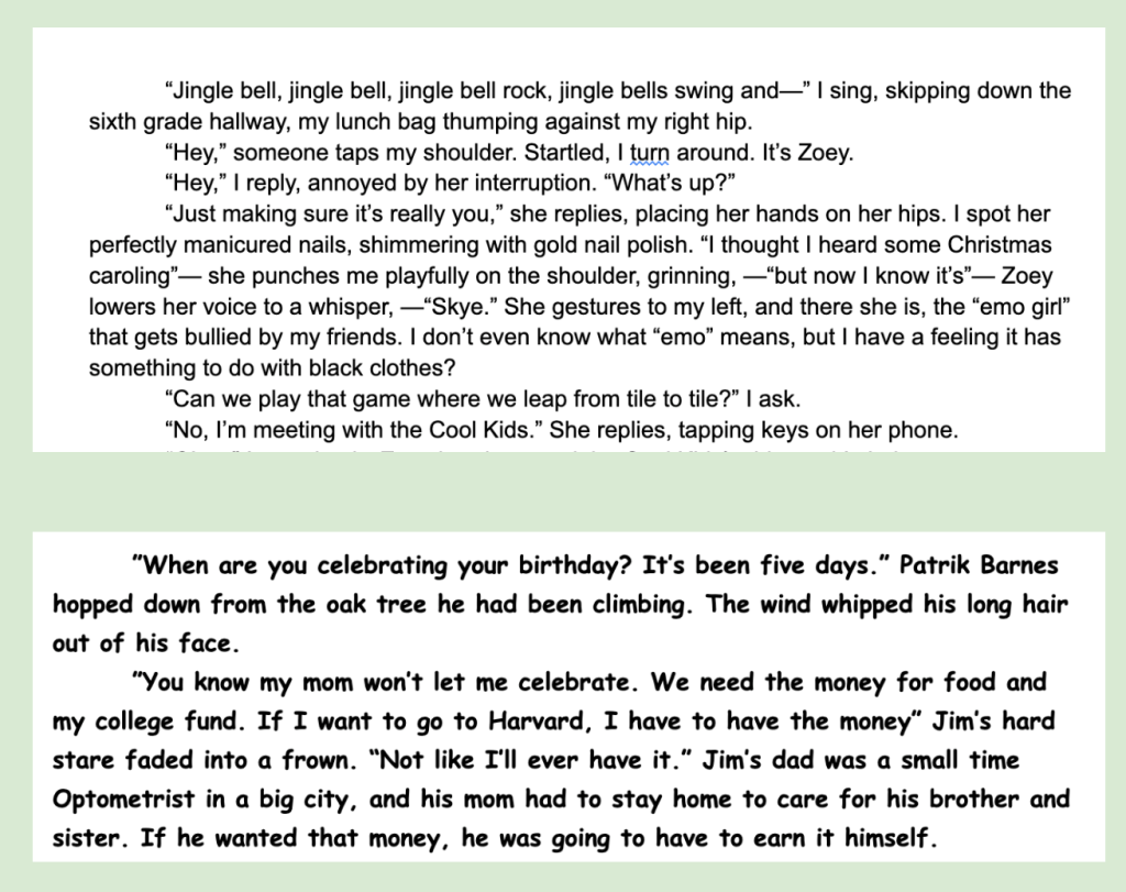 A screen shot of a document showing examples of student work