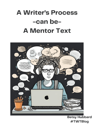 A student writing with thinking bubbles and a computer thinking about the writing process.