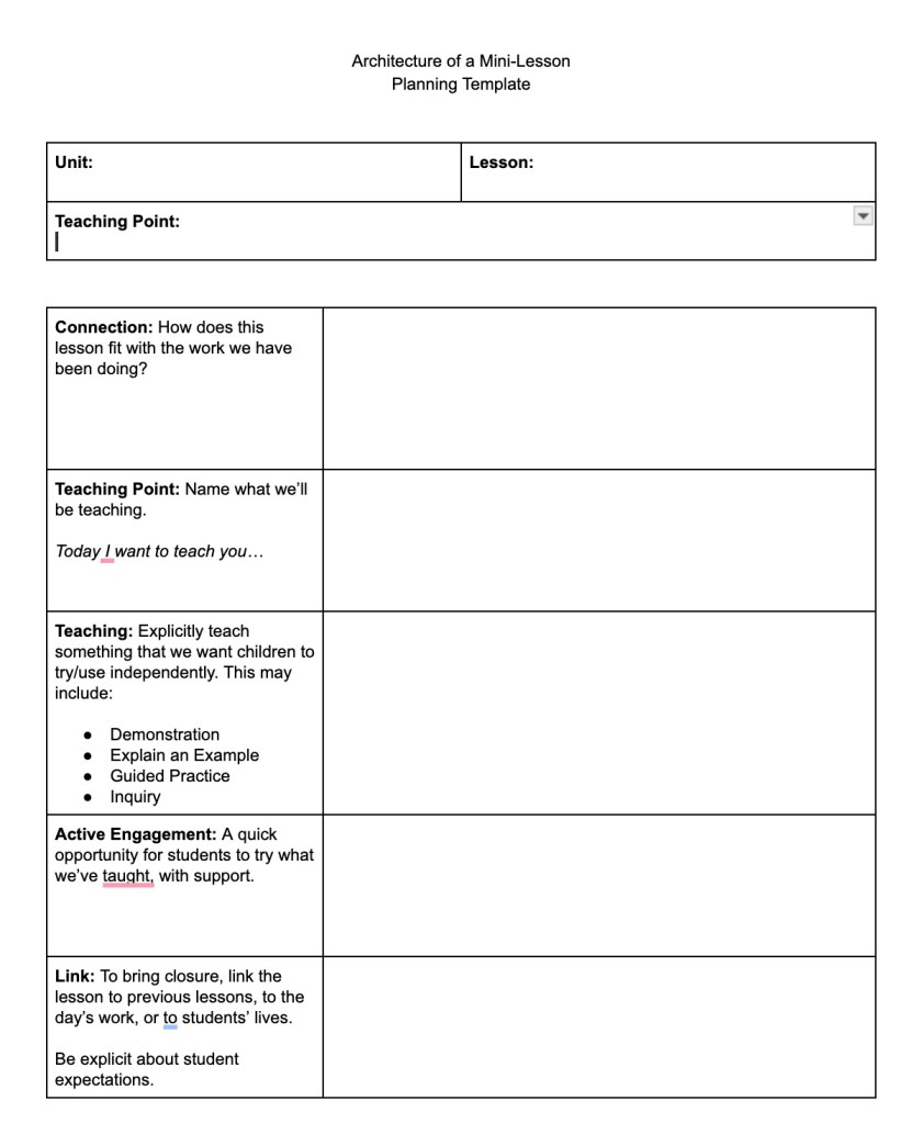 A planning template with sections for planning each part of a mini lesson.