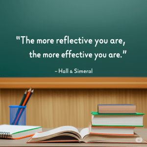 Picture of teacher desk with quote "The more reflective you are, the more effective you are." Hall and Simeral