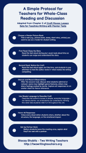 A chart (white writing, navy background) with a seven-step protocol for teachers to use for whole-class reading and discussion.