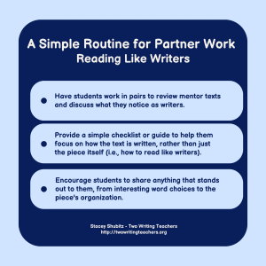 A Simple Routine for Partner Work: Reading Like Writers -- Three ways to help kids do this. Light blue background with navy text.