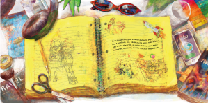 Book illustration showing a desktop with cell phone, sunglasses, tumbler, headphones, scissors, a book, and a notebook in which four lines of verse appear as well as doodles.