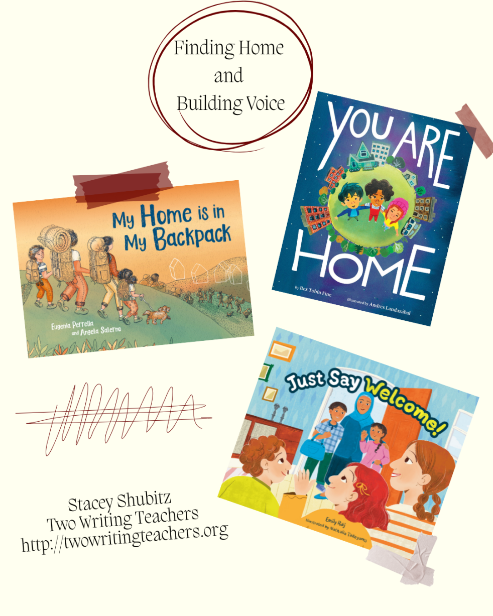 Three book covers: My Home is in My Backpack, You Are Home, and Just Say Welcome. Includes the name of the blog post and the author.