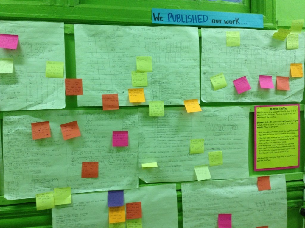 An image of a bulletin board displaying student work with the heading, "We published our work..."