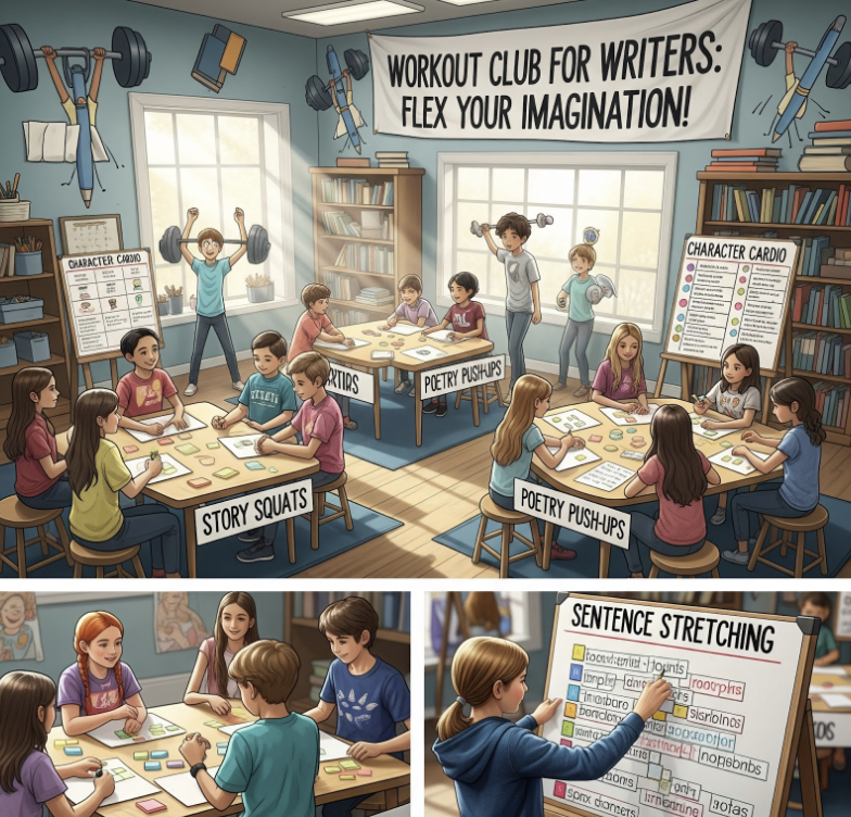 A three-panel image of students sitting at their desks during writing workshop. They are in groups based on the "workout" they are practicing.