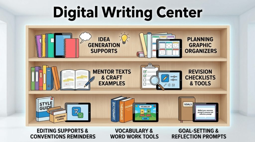 A picture of a bookcase that has idea generation supports, planning and graphic organizers, mentor texts and craft examples, revision checklists and tools, editing supports and convention reminders, vocabulary and word work tools, and goal-setting and reflection prompts. 