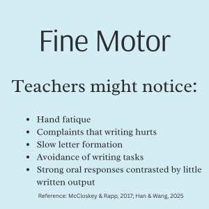 Information related to what a teacher might notice related to fine motor difficulties.