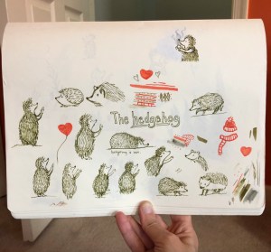 Hedgehog drawings in a sketchbook.