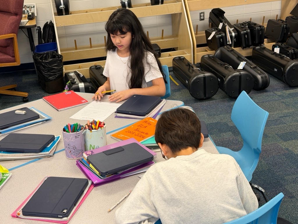 Students working at tables