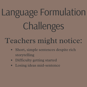 Information related to what a teacher might notice related to fine motor difficulties. language formulation.