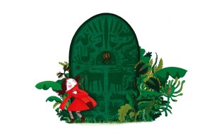 A girl with brown hair and a red coat looks up at a green door.