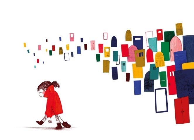 A girl in a red coat walks away from a lot of doors.