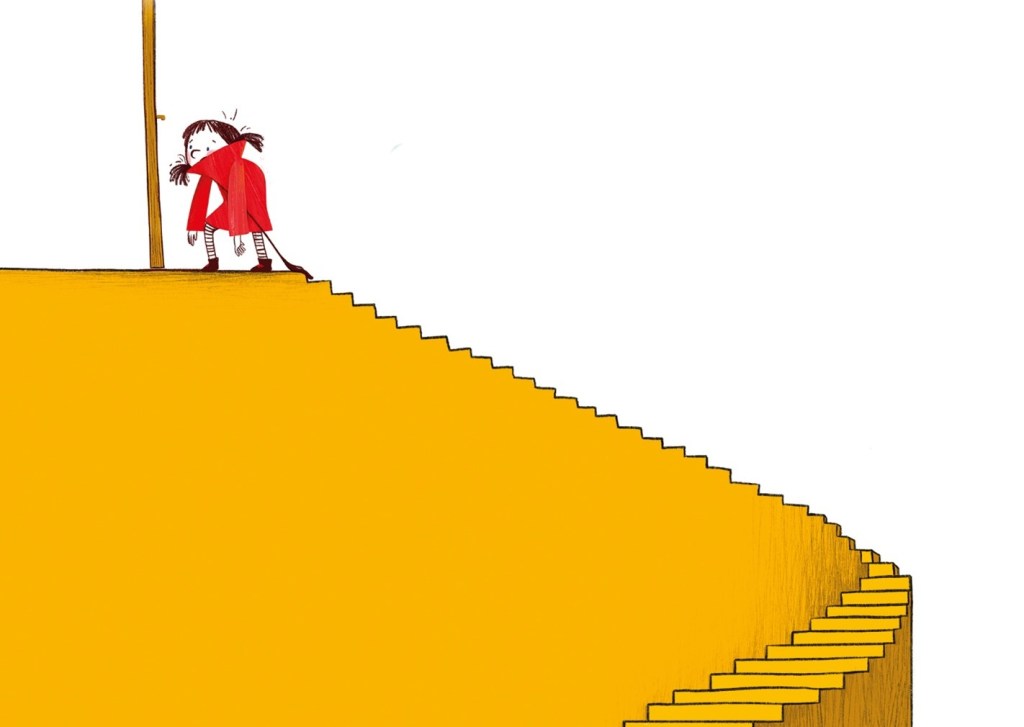 A girl in a red coat stands atop of golden stairs.