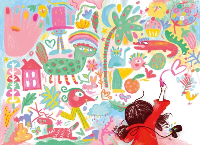 A colorful painting spread across pages.