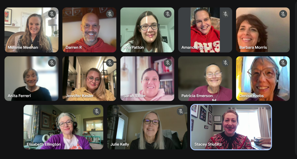 Google Meet Screen of 13 faces all over the globe.